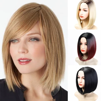 

DIANQI 14 inch Synthetic Bob Wigs For Women Short Bob Wig With bangs Fake Hair Extension blond Pink Purple Black Heat Resistant