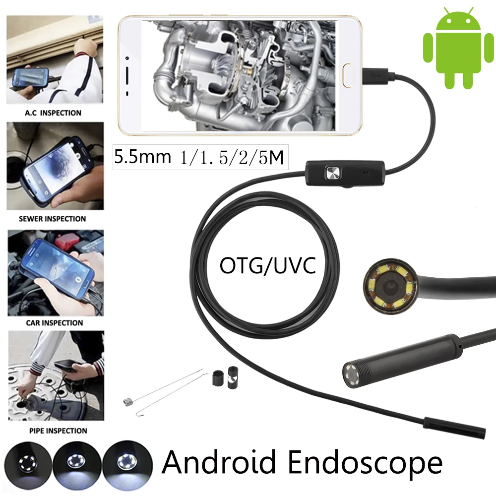 5,5 мм мини-объектив Android OTG USB эндоскоп камера 1 м 2 м 3 м 5 м 10 м мягкий кабель Труба Змея труба осмотр MicroUSB камера-бороскоп