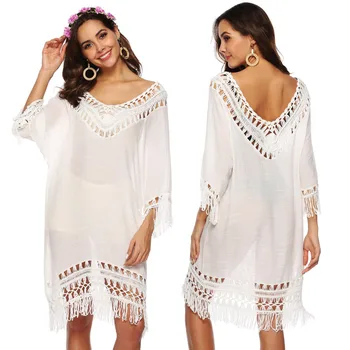 

Pareo For Women Dresses Beach Dress Woman Summer Hollow Long Sleeve Fringe Patchwork Acetate Sierra Surfer Swimwear Cover Up