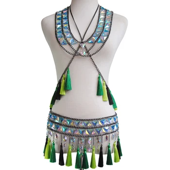 

Tassel Chain Tops Bra Green Necklace Bikini Wear Chain Dress Nightclub Dress Party Festival Wear Burning Waist Belt Jewelry
