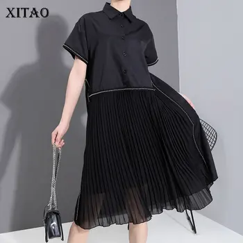 

XITAO Europe Patchwork Loose Short Sleeve A Line Causal Dress Turn Down Collar 2020 Summer New Temperament Dress Women XJ4753