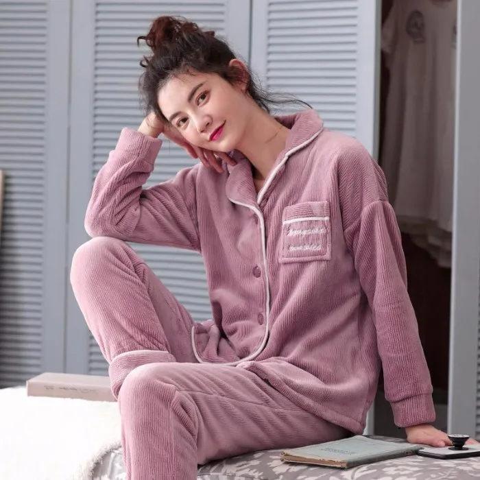 

Winter Pajamas GIRL'S Open Buckle Students Flannel Thick Warm Cute Coral Velvet Cardigan Piece Tracksuit