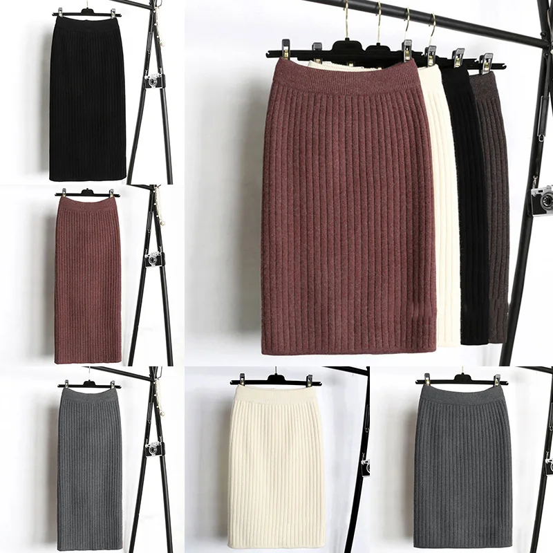 Для женщин Эластичная лента юбки 65/75 см осень-зима теплый вязаный прямая юбка женская одежда чёрный; коричневый в рубчик, средней длины, юбка