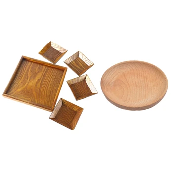 

6Pcs Beech Wood Round Dinner Plate Western Food Round Dessert Serving Tray with Wooden Bread Dish Tray Seasoning Plate