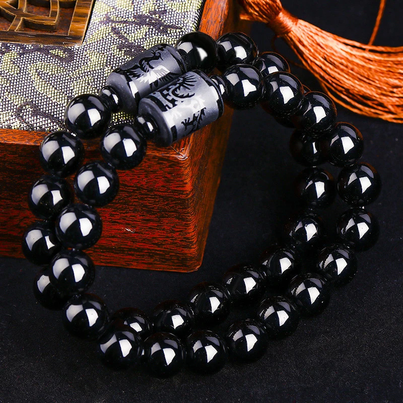 Dragon Phoenix Couple Bracelet Obsidian Carved Buddha Lucky Amulet Round Beads Strand Bracelet For Women Men Jewelry Fashion