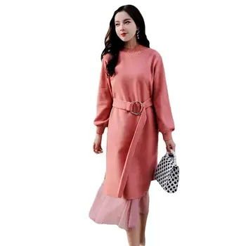 

Autumn Winter Women Dress Suits Elegant Knitted Sweater Long Dress+Mesh Skirt Sets With Belt Two Pieces Suits Casual Suits Sets