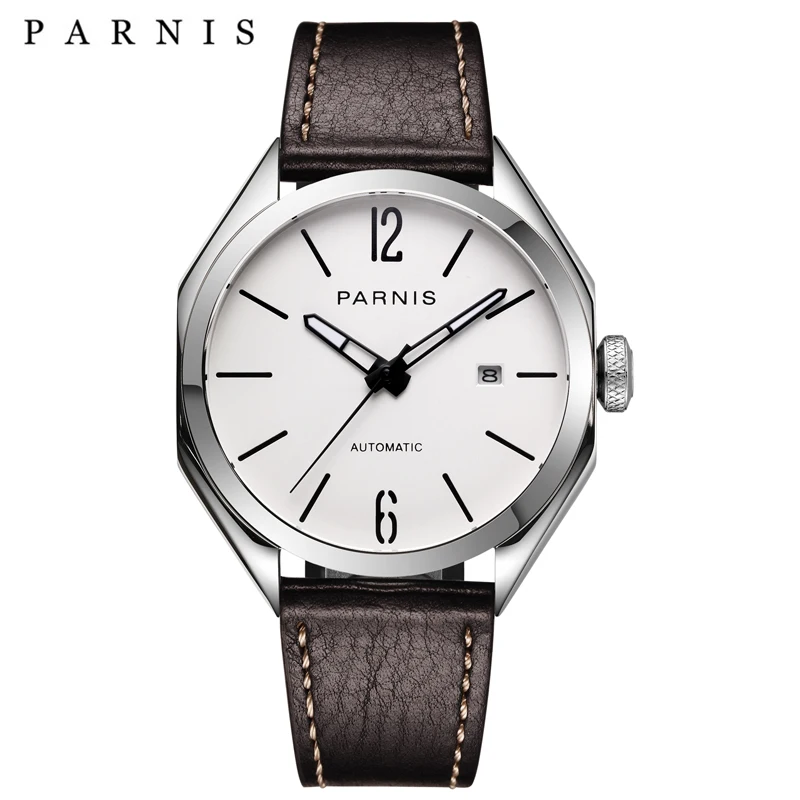

Parnis 43mm Black Dial Luminous Miyota Automatic Mechanical Men Watches Leather Band Calendar Top Luxury Brand Men's Watch