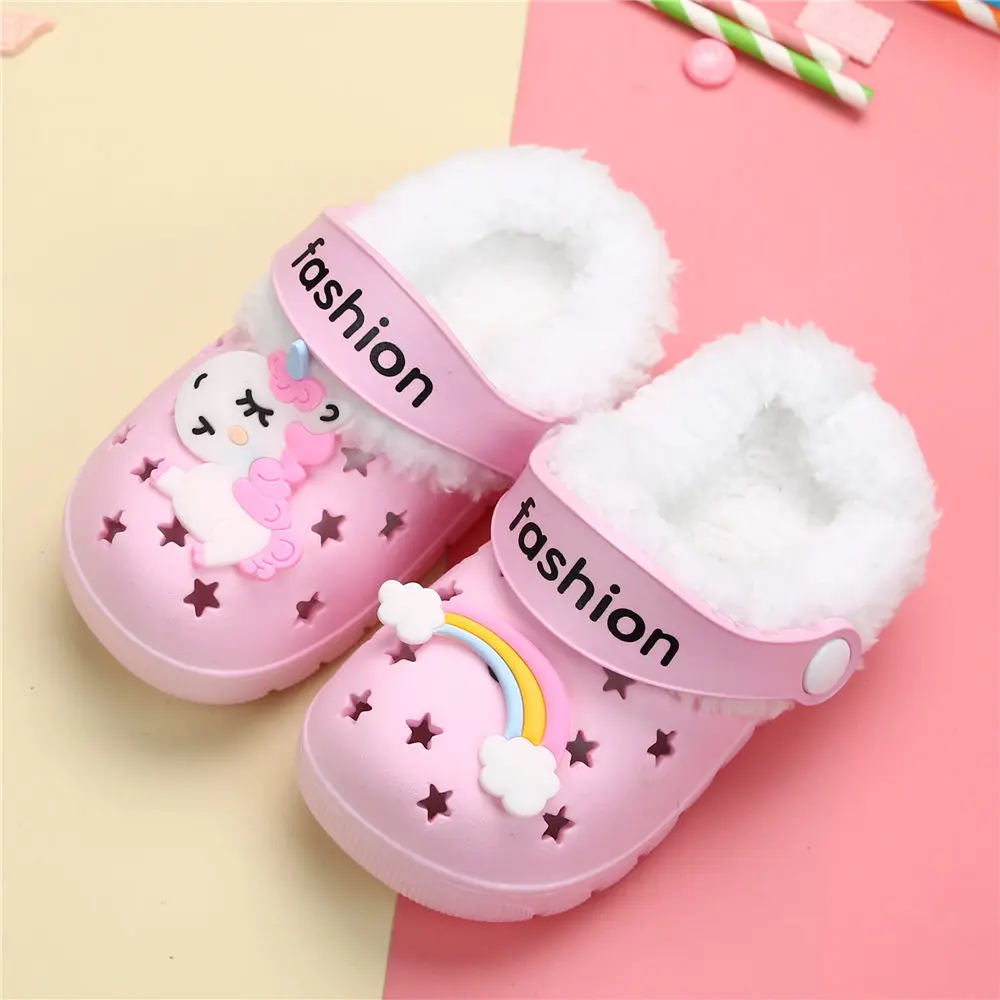 Winter Children's Cute Unicorn Cotton-Padded Home Slippers Kids Waterproof Plush Warm Soft Floor Indoor Shoes Boy Girl Clog