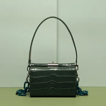 

Niche Design 2020 Spring New Retro Style Female Cow Leather Lock Small Square Bag Solid Color Crocodile Shoulder Bag