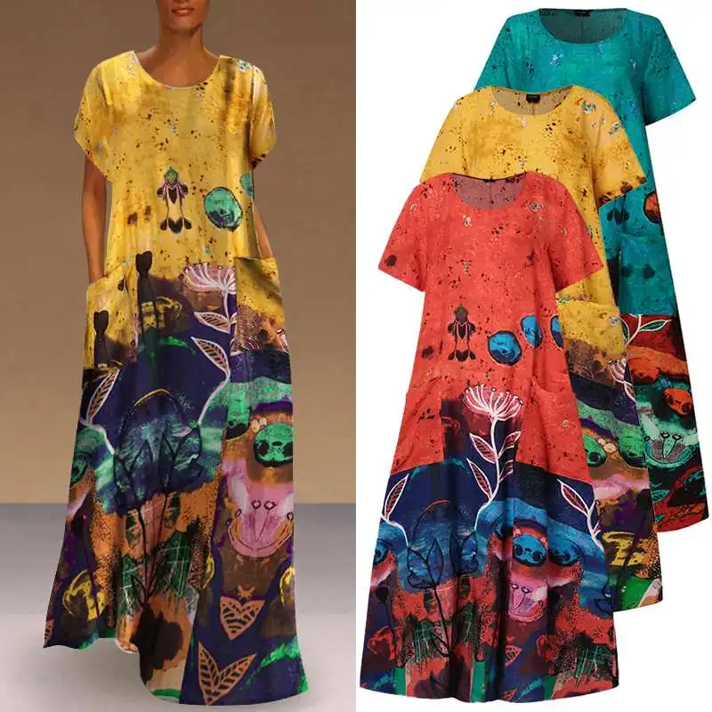 Cotton Linen Dress Robe Patchwork Floral-Printed VONDA Female Women Stylish Autumn S-5XL