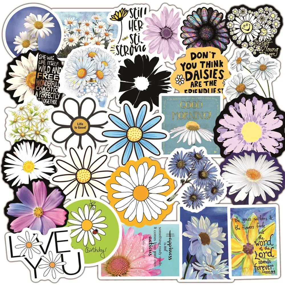 

50pcs Small Daisy Stickers Cute Graffiti Decals Suitcase Guitar Skateboard Cartoon Small Fresh Flower Stickers Children's Toys