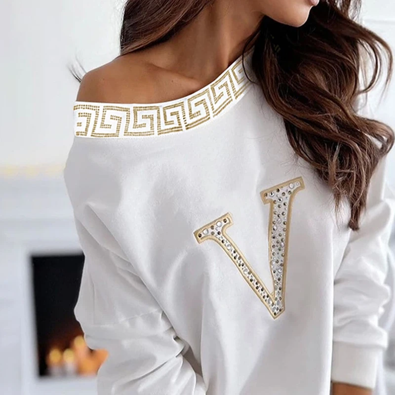 2021 Autumn Women Sexy White Round Neck Fashion T-shirts Daily Wear One Shoulder Rhinestone Letter Long Sleeve Casual Top