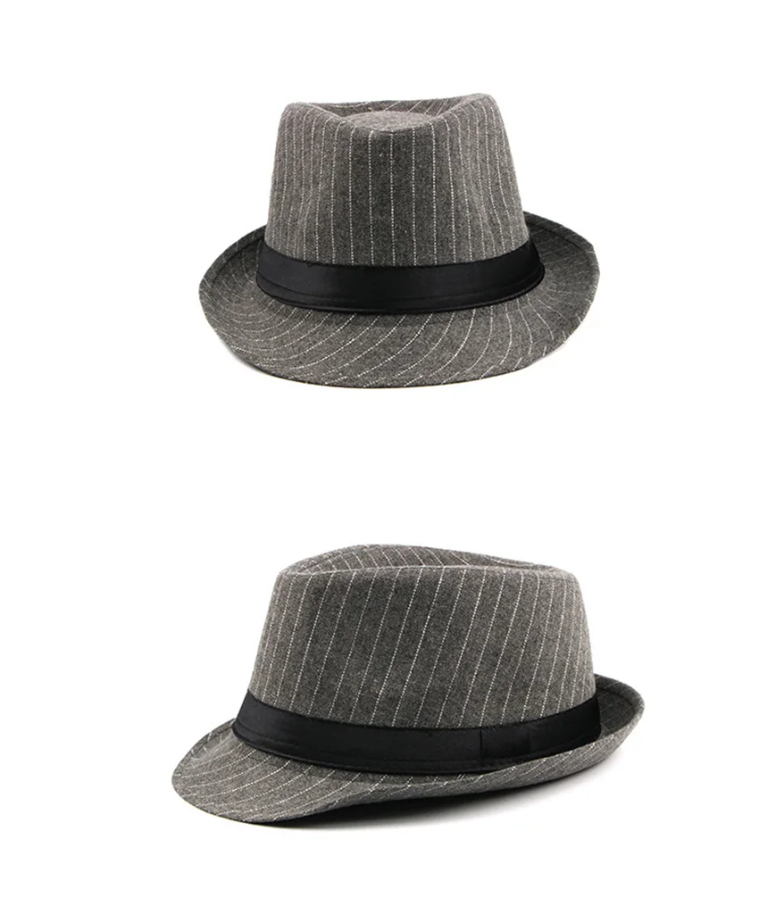 trilbies Wuaumx Vintage Stripe Jazz Hats Men Top Fedoras Hat For Male Autumn Winter Retro Bowler Hats Gentleman Panama Cap Wholesale grey fedora hat