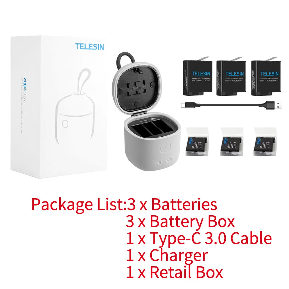 3 Battery Charger TELESIN 3 шт аккумулятор и 3 слота зарядное устройство с TF кард-ридером зарядная коробка для хранения для Gopro Hero 8 7 Black Hero 6 Hero 5 - Цвет: 3 Battery Charger