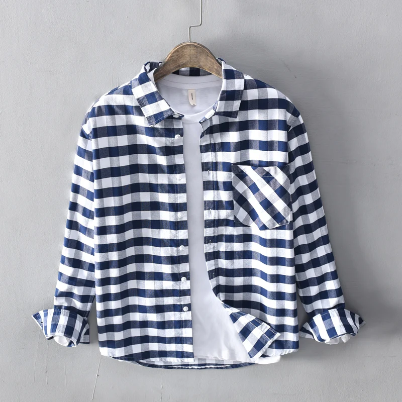 

Japanese Style Fashion Men Shirts Vintage Designer Casual Plaid Shirts Men Long Sleeve Lapel British Campus Cotton Shirts Hombre