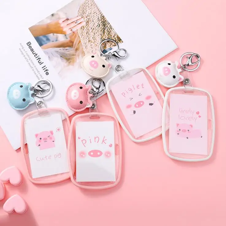 

1PC Kawaii Cute Pig Credit Bank ID Card Holder Keychain Bus Cards Protective Case For Girls School Office Stationery