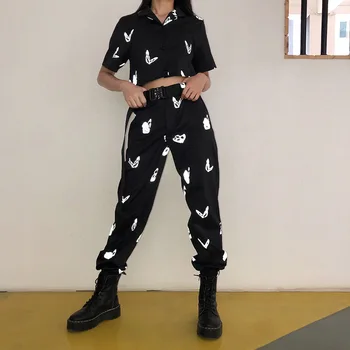 

Fashion Reflective Butterfly Black Jogger Pants Women Harajuku Punk Elastic High Waist Jogger Trousers Summer Long Trousers