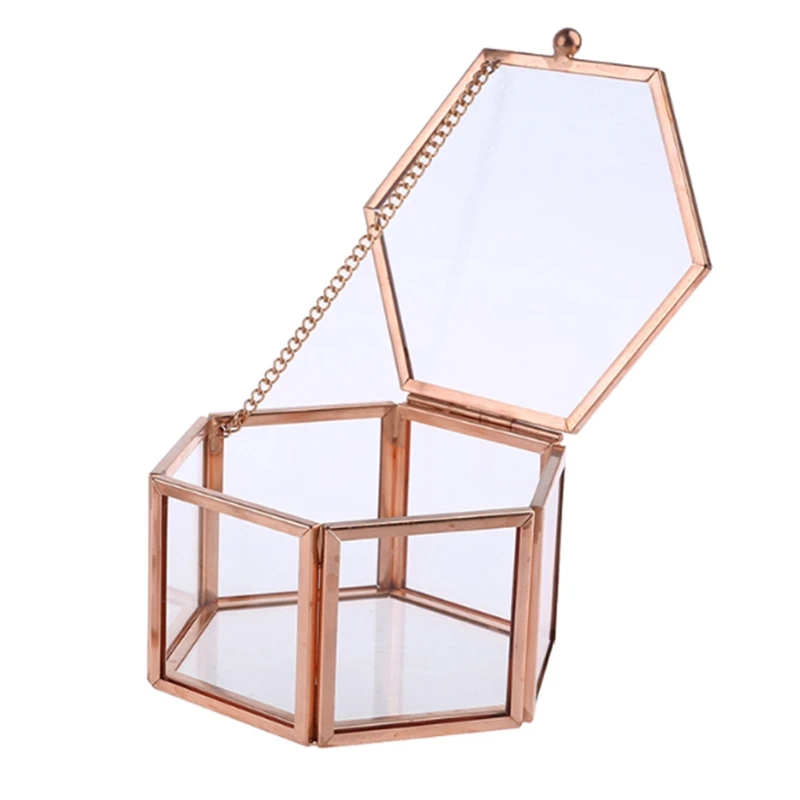 Hexagon Transparent Rose Gold Glass Ring Box Wedding Geometric Clear Jewelry Organizer TabletopHolder | Украшения и аксессуары