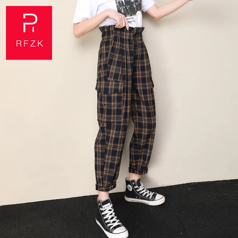 Rfzk Harajuku клетчатые штаны для женщин брюки уличная одежда женские шаровары весна и осень женские повседневные брюки размера плюс