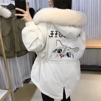 

Winter lady fashion cartoon cat print white duck down coat Parka woman real fox fur Hooded Coat loose