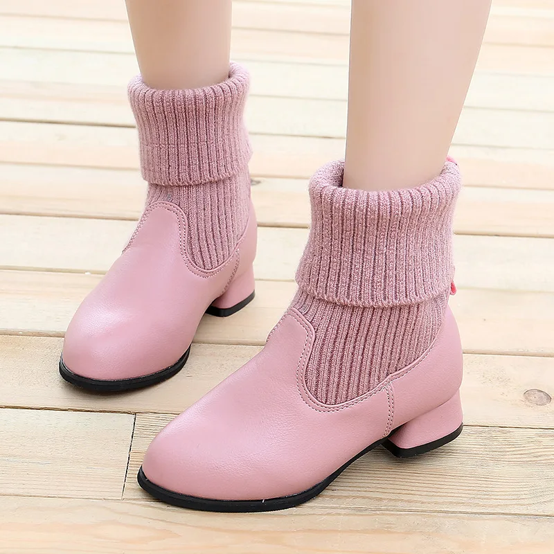 

My Little Falling Thick Girls' Half Boots Students mao xian tong Boots Big Boy Small High Heel Cotton-padded Shoes with Velvet 2
