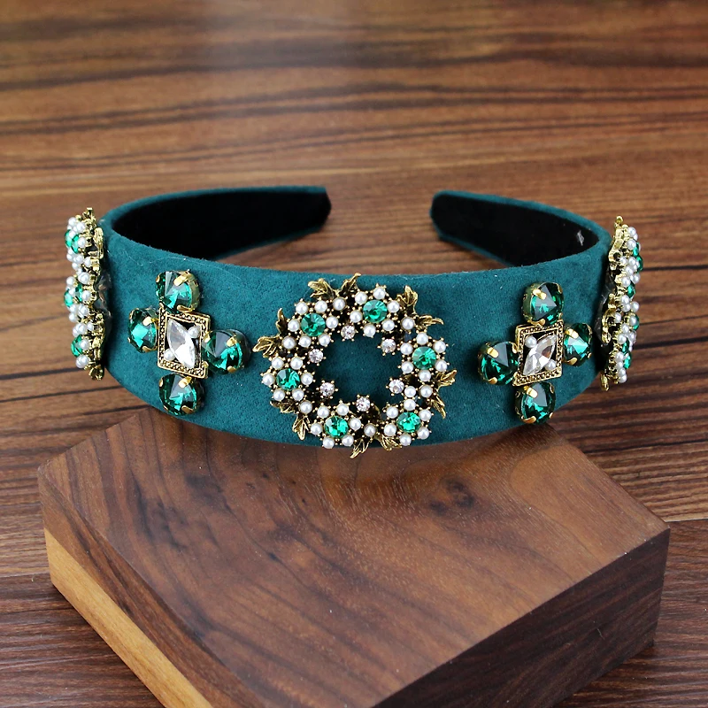 floral hair band Ручной работы Винтаж зеленое, в стиле барокко с украшением в виде кристаллов и бисером Повязка элегантные стразы жемчужные ободки для Для женщин вечерние аксессуары для волос - Окраска металла: floral hair band