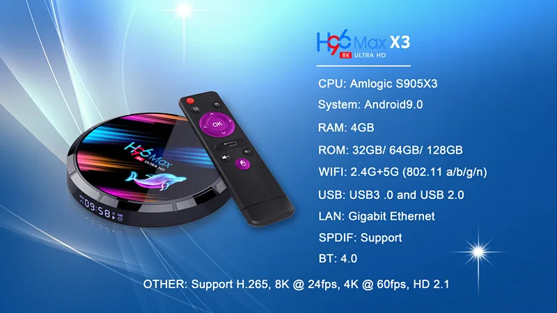 Приставка Смарт ТВ H96 MAX X3 8K Android 9 0 Amlogic S905X3 4 + 128 ГБ Wi Fi 1000M Ethernet BT4.0 USB3.0 H.265 HDR