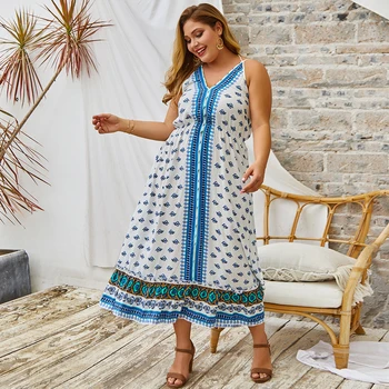 

Summer new fashion women's V-neck print suspender dress mid-length tassel lace-up cotton plus size 1XL-4XL bohemian clothing
