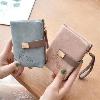 

Fashion Female Wallet Short Leaf Print Women Wallet Lady Small Nubuck Leather Purse Girl Card Holders Wallet With Wrist Strap