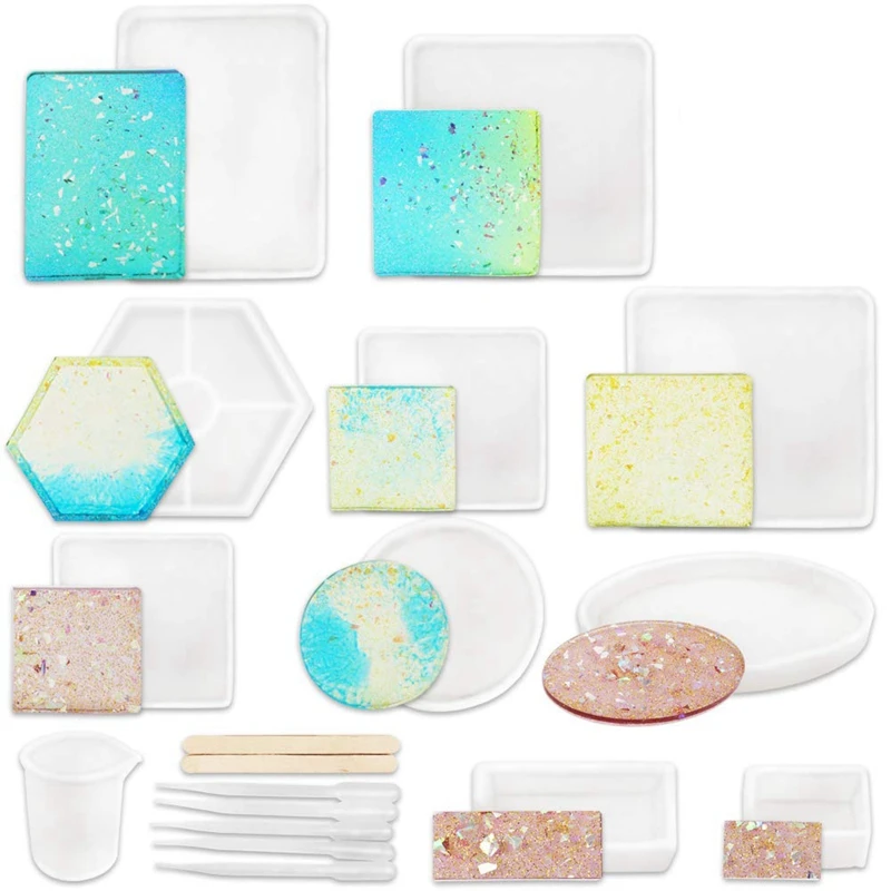 New-10Pcs Mold, Square Rectangle Elliptical Round Hexagon Molds with Mixing Cups, Wood Sticks and Droppers for Resin Jewelry, Di