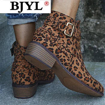 

2020 Autumn Fashion Suede Leopard Buckle Women Boots Women's Side Zipper Ankle Boots Square Heel Round Head Women's Boots