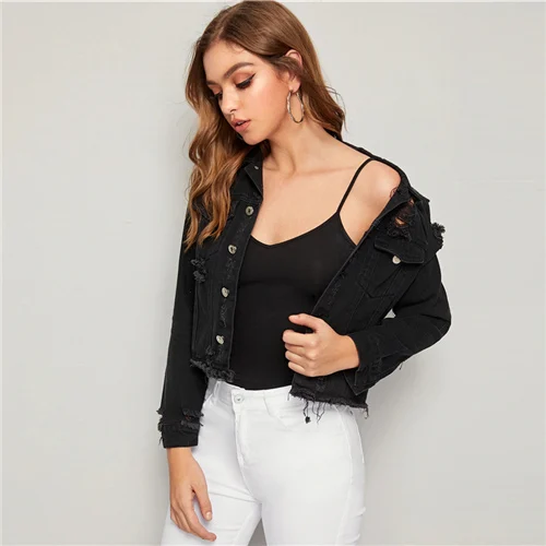 Black SHEIN черный Error source необработанный край джинсовая куртка пальто для женщин весна осень однобортный уличная одежда с длинным рукавом повседневные куртки - Color: Black
