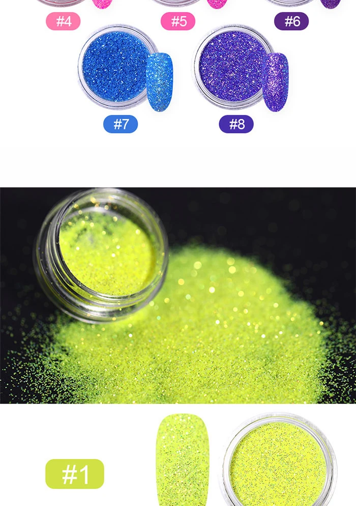 Nail Art Glitter Powder Fluorescent Sugar Dust Sequins Candy Colors Iridescent Sparkling Decoration for Nail Tips 1 Box