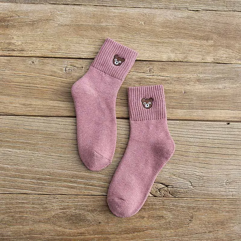 Зимние новые женские толстые теплые модные шерстяные носки с вышивкой медведя из мультфильма мягкие хлопковые носки высокого качества, антифриз, 5 пар - Цвет: Розовый