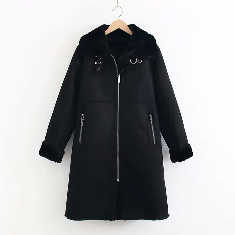 Новая кожаная женская куртка с длинным рукавом, шерстяное замшевое пальто средней длины, Новая зимняя женская черная теплая парка casaco feminino