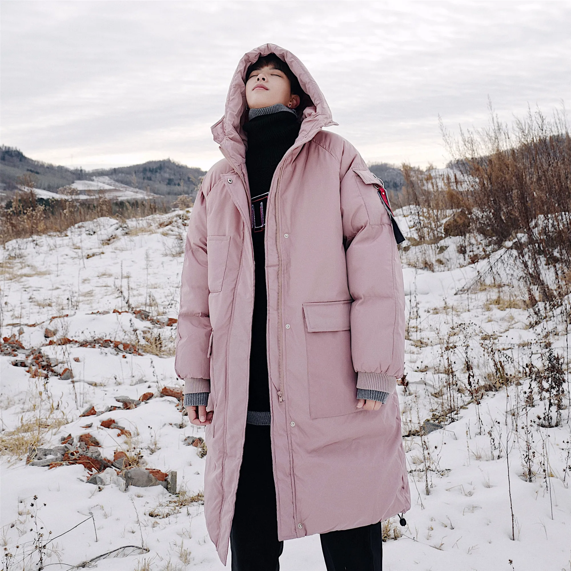 LAPPSTER зимняя длинная куртка-пуховик Мужская корейская мода Толстая парка с капюшоном мужская ветровка уличная Harajuku Bubble пальто - Цвет: Pink