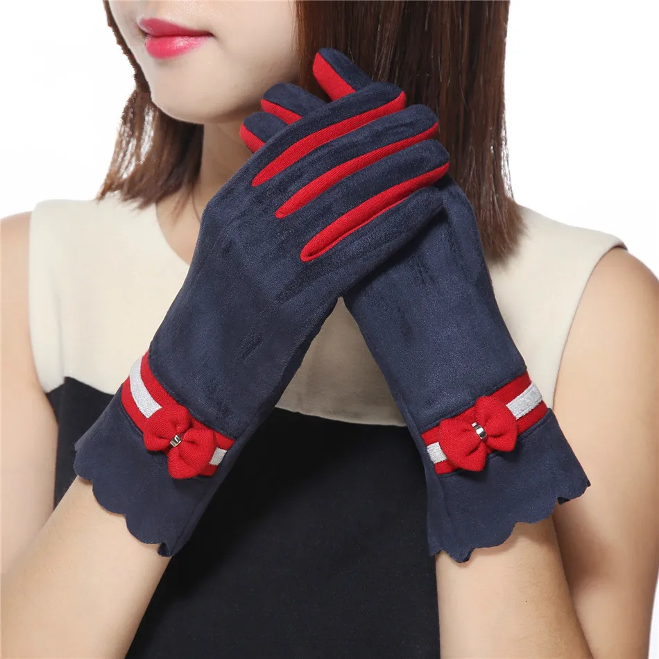 Navy Blue Женские теплые перчатки с сенсорным экраном, женские перчатки для вождения, Зимние Модные женские перчатки с бантом - Цвет: Navy Blue