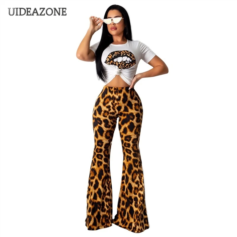 UIDEAZONE Leopard Mouth Print Women Two Piece Set Casual O Neck Pullover T Shirts Flare Pants Ladies 2Pcs Sets 2 Pieces Suits