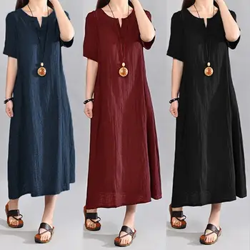 

Celmia Vintage Linen Dress 2020 Summer Women V Neck Short Sleeve Solid Pockets Casual Loose Midi Dress Oversized Vestidos S-5XL