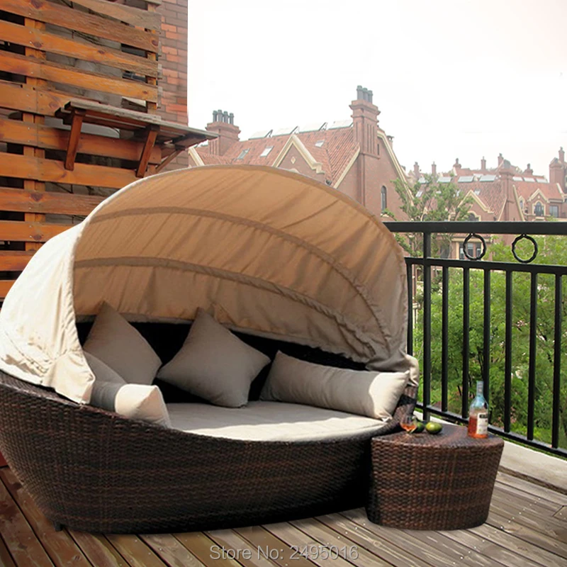 Brown Outdoor Rattan Daybed Garden Patio Furniture With Canopy And Coffee Table Outdoor Rattan Daybeds Rattan Daybedoutdoor Daybed Aliexpress