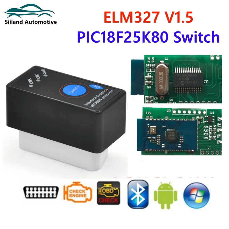 Bt-Kompatibilis Elm327 V1.5 Kapcsoló Chip Pic18F25K80-Val Android Windows Elm 327 1.5 Obd2 Nyomaték-Szkenner Diagnosztikai Eszköz