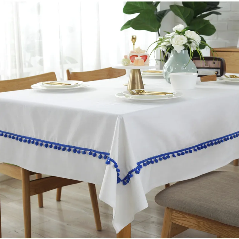 

Simple White Hotel Table Cloth Blue Hair Ball Tablecloths Christmas Day Decorative Table Cover Custom Size