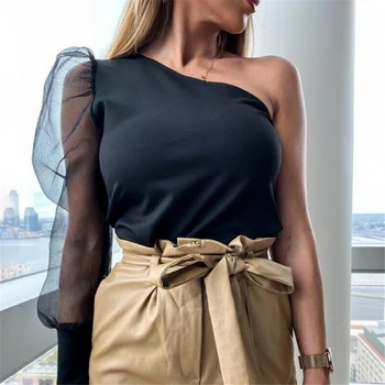 

2019 Women Summer bodysuit Top mesh sexy black one shoulder see through night club party streetwear festival body one piece