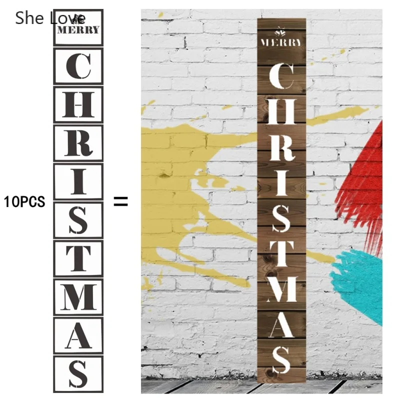 

She Love 10Pcs/lot Merry Christmas Layering Stencils For Walls Painting Diy Scrapbooking Stamps Embossing Paper Card Template