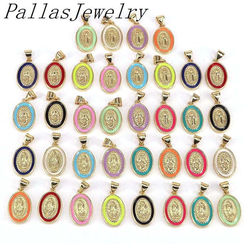 Модные овальные золотые латунные эмалевые Подвески Мать Бога 10 шт. ожерелье