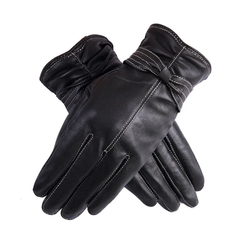 black Перчатки женские из натуральной кожи черные перчатки Handschoenen теплые зимние Guantes Hiver Femme перчатки из овчины Rekawiczki Gant - Цвет: black
