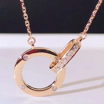 

18K Rose Gold Real Diamond Women Pendant Necklaces 2 Round Intersect Wedding Party Engagement Anniversary Necklaces Birthday