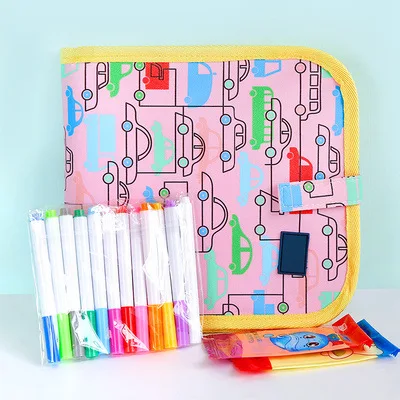 Magic Water Coloring Books Baby Blackboard Reusable Painting Book Foldable Drawing Board Toys with Water Pen Children Kids - Цвет: car pink
