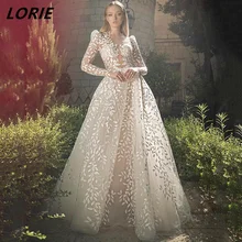 

LORIE Sexy Leafs Cut-out Lace Weeding Dresses Long Square Shoulder Sleeves V-Neck Illusional Boho Bridal Gowns robe de mariée