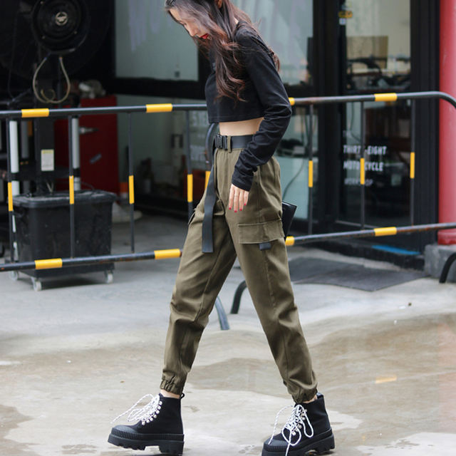 Women Fashion Streetwear Cargo Pants Army Green Ankle Length Joggers Female